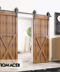 Installed Black Rustic Non Bypass Sliding Barn Door Hardware Kit For Two Doors 12 Foot Flat Track With Spoke Wheel Rollers