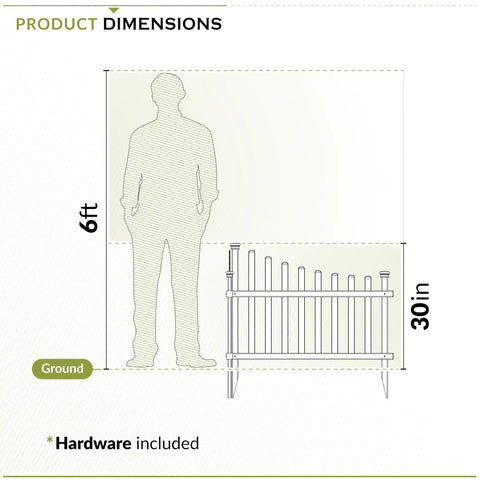 Diagram showing Two Panel No Dig Vinyl Picket Fence Set, 40In Wide By 30In High, with height comparison next to a 6ft figure.
