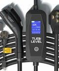 Smart Level 2 EV Charger Portable 40 Amp 9.6kW With NEMA 14-50 Plug And 25 Ft Cable For J1772 Electric Cars Home 240V Fast Charging Station close-up view with LED display and charging plug.