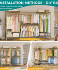 Kickass Heavy Duty Portable Closet Rack With Adjustable Metal Shelves in side-by-side, split, and L-type installations in a room.