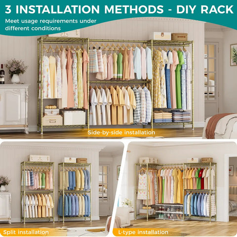 Kickass Heavy Duty Portable Closet Rack With Adjustable Metal Shelves in side-by-side, split, and L-type installations in a room.