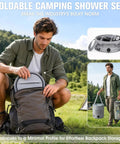 Man packing Portable Camping Shower With Rechargeable Electric Pump, 6.6 Gallon Giant Capacity 25L Foldable Bucket into backpack.