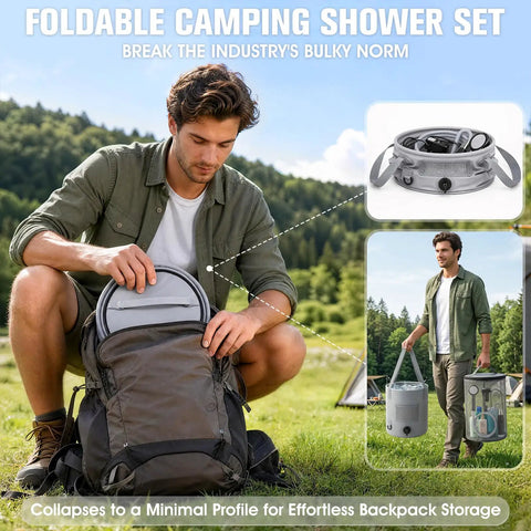 Man packing Portable Camping Shower With Rechargeable Electric Pump, 6.6 Gallon Giant Capacity 25L Foldable Bucket into backpack.