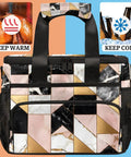 Front view of Geometric Marble Insulated Picnic Backpack Lunch Bag For Women And Men, Large 12x8.7x10 Inch Tote, showing keep warm and cold icons.
