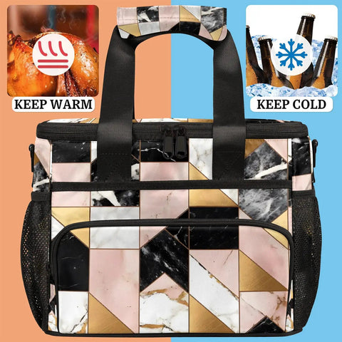 Front view of Geometric Marble Insulated Picnic Backpack Lunch Bag For Women And Men, Large 12x8.7x10 Inch Tote, showing keep warm and cold icons.