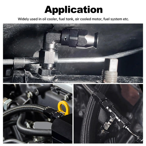 6AN Hose End Fitting 90 Degree Swivel Low Profile Forged Aluminum For CPE Braided Line With Nine Sixteen Eighteen UNF Thread Compatible With Stainless Steel And Nylon Braided Hoses Tight Space Performance AN Fitting installed on braided hose
