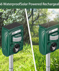 Solar Ultrasonic Animal Repellent For Outdoor Use With Dual Sonic Pulse And Flashing LED Defense, Humane Cat, Dog, Deer, Rabbit, Squirrel, And Raccoon Deterrent, No Traps, 2 Pack, Weatherproof And Easy Setup. Two green solar-powered units on stakes in a wet garden.