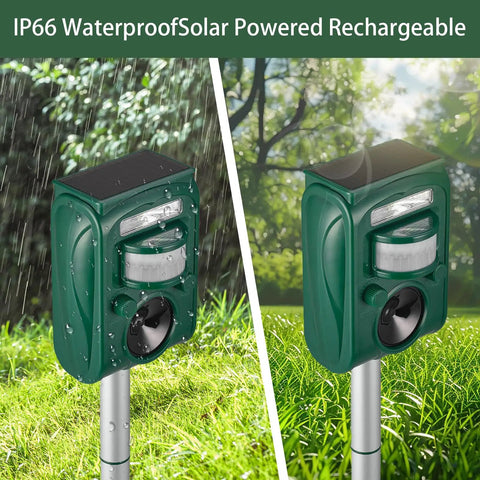 Solar Ultrasonic Animal Repellent For Outdoor Use With Dual Sonic Pulse And Flashing LED Defense, Humane Cat, Dog, Deer, Rabbit, Squirrel, And Raccoon Deterrent, No Traps, 2 Pack, Weatherproof And Easy Setup. Two green solar-powered units on stakes in a wet garden.