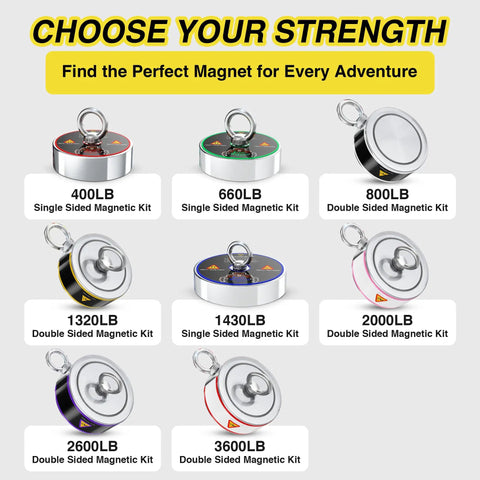Various magnet fishing kits with different pound strengths, including 1320Lb Double-Sided Magnet Fishing Kit With Case And Gear.