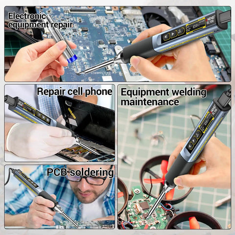USB Powered Soldering Iron Kit With Fast 3 Second Heat, 95W, Adjustable 100 to 450 C, in use for electronic repairs.