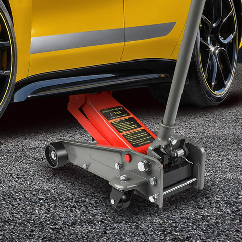 Heavy Duty 3 Ton Hydraulic Floor Jack Red 6600 Lbs Capacity under yellow car lifting for garage service.