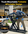 Electric lifting platform cart side view with 47x28 in steel platform, 800 lb capacity