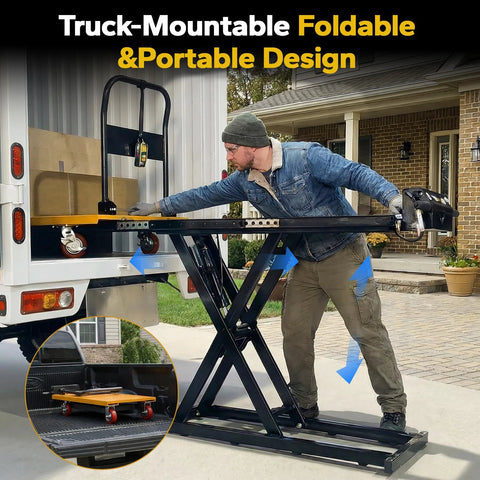 Electric lifting platform cart side view with 47x28 in steel platform, 800 lb capacity