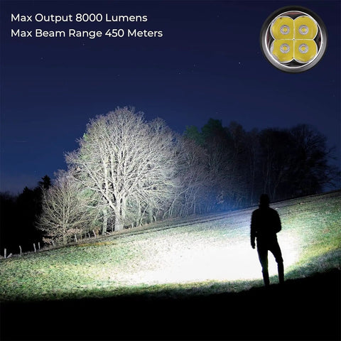 Person using Ultra Bright SP36 Pro Flashlight With 8000 Lumens, Four 5000K LEDs, USB C Rechargeable, 450 Meters Beam at night