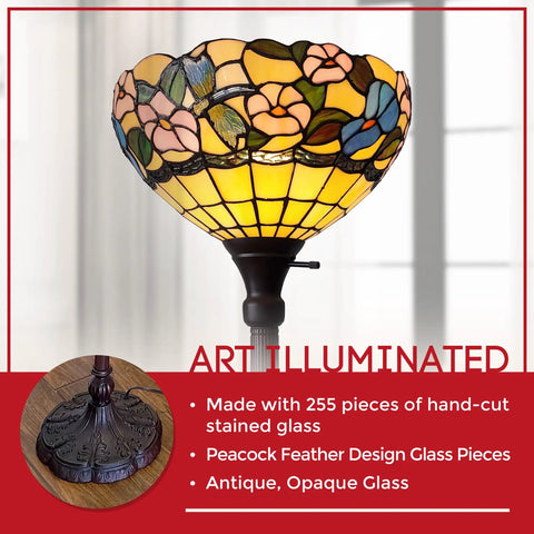 Tiffany Style Floor Lamp Torchiere With Peacock Stained Glass, 72 Inch Tall Vintage Standing Light For Living Room, detailed shade