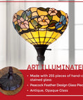 Statement Floor Lamp With Floral Hummingbird Stained Glass, 70 Inch Tall, Handcrafted Antique Finish close-up of stained glass shade