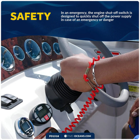 Universal Emergency Kill Switch For Boats And Personal Watercraft, 12VDC engine shut off switch with extendable coil lanyard in use