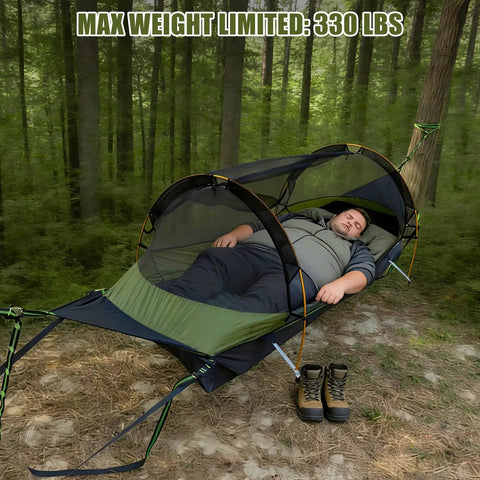 Person resting in Flat Lay Hammock Tent With Bug Net And Waterproof Rain Fly For One Person, setup in forest with weight text.