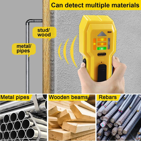Wall Scanner And Stud Finder For Wood And Metal Detects Edges Up To Three Quarter Inch Thick Walls With Battery Included Easy To Calibrate Pro Grade Accuracy For Hanging Frames TV Mounts And Full Room Renovations being used to detect metal pipes and wooden studs.