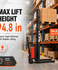 Full Electric Pallet Stacker Boasting 94 Inch Lifting Height For Busy Warehouses With 1.6 KW Motor And 3500 Lb Heavy Duty Capacity to reach 94.8 inch max height.