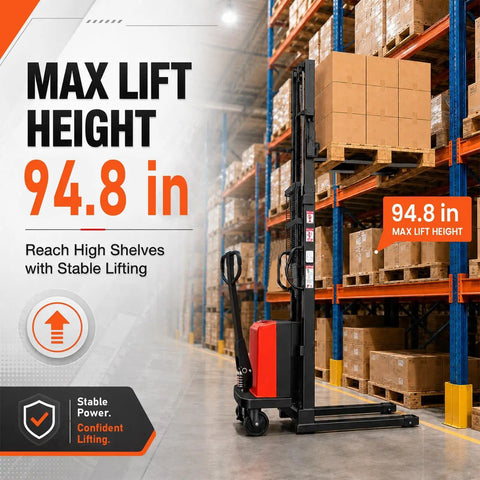 Heavy Duty 3500 Lbs Electric Pallet Stacker With Walkie Controls And 94 Inch Lifting Height positioned near warehouse shelves.