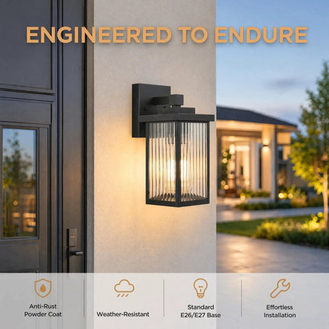 Stunning Matte Black Wall Mount Porch Lights featuring textured glass and solid metal frame by front door.
