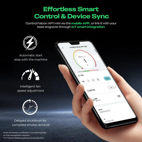 Falcon AP1 Mini Smoke Purifier For Laser Engravers app control, showing interface on smartphone for smart and device sync.