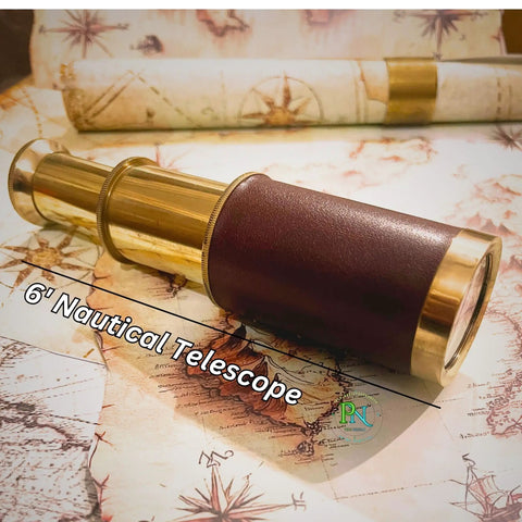 6 Inch Brass Pirates Telescope Collapsible Handheld Monocular Go-To Travel And Adventure, Outdoor Exploration, Ideal Gift For Navy Enthusiasts, Bird Watching, Trekking, And Collectible Nautical Spyglass on map background