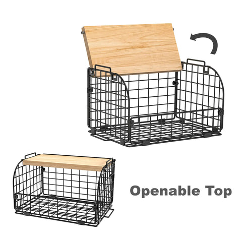 Keep Your Counters Tight With This Solid Stackable Wire Basket Set Designed To Sweep Up Kitchen Clutter While Offering Plenty Of Room For Sorting Fresh Produce Spices And Snacks. Openable black wire basket with bamboo lid.
