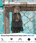 4 Inch Stainless Steel Hasp Latch With Padlock Keys And Screws in use on chain-linked gate, heavy duty black waterproof gate lock