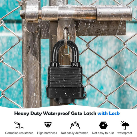 4 Inch Stainless Steel Hasp Latch With Padlock Keys And Screws in use on chain-linked gate, heavy duty black waterproof gate lock