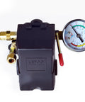 Top view of Air Compressor Pressure Control Switch With Four One Quarter Inch NPT Ports Preset 95 To 125 PSI 0 To 200 PSI Gauge