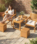 Acacia Wood Outdoor Coffee Table With Stools Three Piece Patio Set With Hidden Storage For Balcony And Garden in use on patio