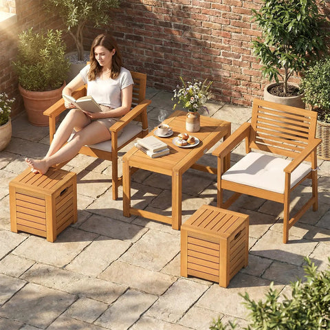 Acacia Wood Outdoor Coffee Table With Stools Three Piece Patio Set With Hidden Storage For Balcony And Garden in use on patio