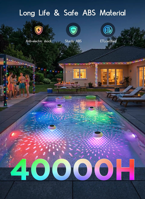 Floating Pool Lights With Connectable LED String Lights, 38 Foot Waterproof Outdoor Lighting Kit for backyard night scene.