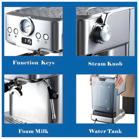 Straight Up Smooth Automatic Coffee Maker With Built In Grinder And Creamy Milk Frother Sleek Black Build close-up of function keys, steam knob, foam milk, and water tank.