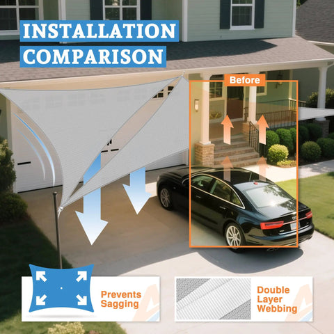 Equilateral Triangle Shade Sail 6 Ft By 6 Ft By 6 Ft Outdoor Sun Blocking Canopy installation comparison over car in driveway.