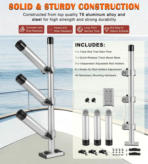 Heavy-Duty Triple Rod Tree For Boats, 3 Aluminum Rod Holders With 360 Degree Swivel And 180 Degree Tilt, Gunnel Track Mount Trolling Rack - Fits Kayaks, Fishing Boats, And Small Vessels. Triple aluminum rod holder with gunnel track base