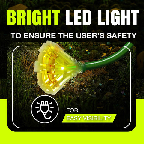 Close-up of LED-lit end of 75 Foot Outdoor Indoor Extension Cord With Three Outlet 12 3 Gauge Heavy Duty ETL Listed Waterproof Flexible SJTW Power Cord.