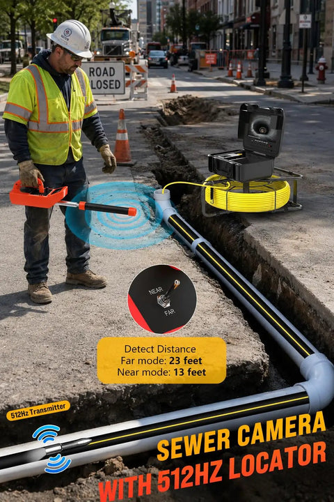 Technician using 512Hz Locator Kit for Sewer Inspection Camera With 512Hz Transmitter And Self Leveling Head, street view.