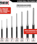 Nine Piece Roll Pin Punch Set Pro Grade With Durable Heat Treated Drop Forged Steel Pins And Nylon Pouch For Automotive Repair Gunsmithing Craft Work And Jewelry Repair displayed in various sizes from 1/16" to 5/16".
