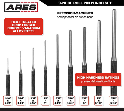 Nine Piece Roll Pin Punch Set Pro Grade With Durable Heat Treated Drop Forged Steel Pins And Nylon Pouch For Automotive Repair Gunsmithing Craft Work And Jewelry Repair displayed in various sizes from 1/16" to 5/16".
