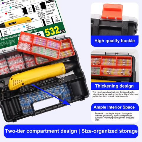Open case showing Heat Shrink Solder Seal Wire Connector Kit with Mini Heat Gun for Marine and Auto Use, compartments labeled.