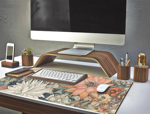 Ultra Large Floral Desk Mat For Gaming And Work 31.5 By 11.8 Inches With Stitched Edges An Extended Mouse Pad on a desk setup