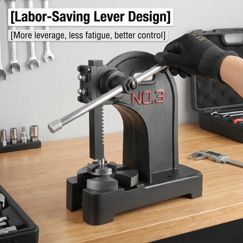 Heavy Duty Manual Arbor Press 3 Ton Desktop Punch Machine Cast Iron Hand Press with labor-saving lever design in use.