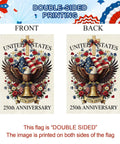 250 Years USA House Flag 28 By 40 Inch Double Sided Burlap Patriotic Flag with eagle and bell design, both sides shown.