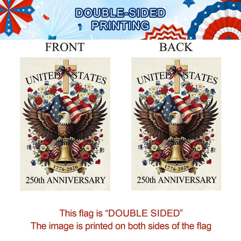 250 Years USA House Flag 28 By 40 Inch Double Sided Burlap Patriotic Flag with eagle and bell design, both sides shown.