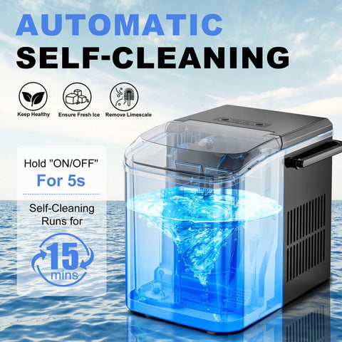 Heavy Duty Countertop Ice Maker With Carry Handle Chilling Bullet Ice Cubes In Six Minutes Cranking Twenty Six Pounds Daily For Weekend Hangouts And Home Bars Smooth Silent Operation with self-cleaning feature.