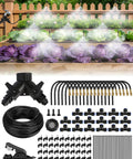 120Ft Drip Irrigation Kit With 18 Adjustable Misting Nozzles, Quick Connect Design For Gardens shown watering raised beds.