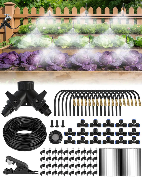 120Ft Drip Irrigation Kit With 18 Adjustable Misting Nozzles, Quick Connect Design For Gardens shown watering raised beds.